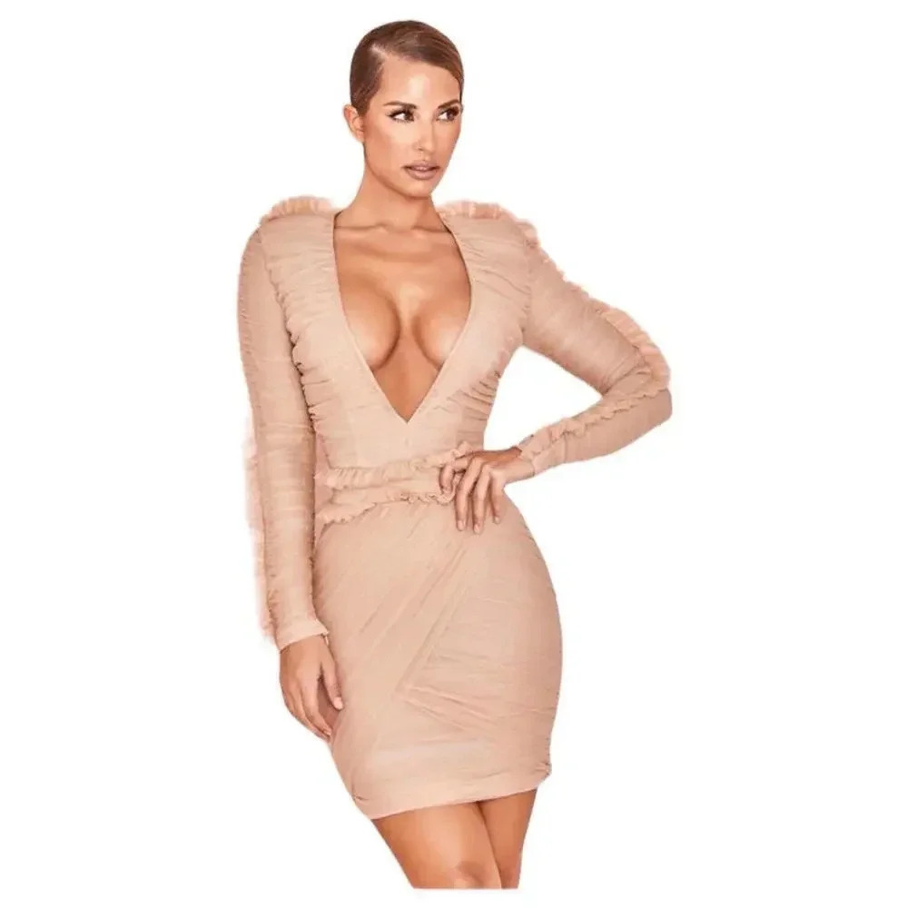 House of CB FLEUR Blush Pleated Tulle Deep V Dress , XS